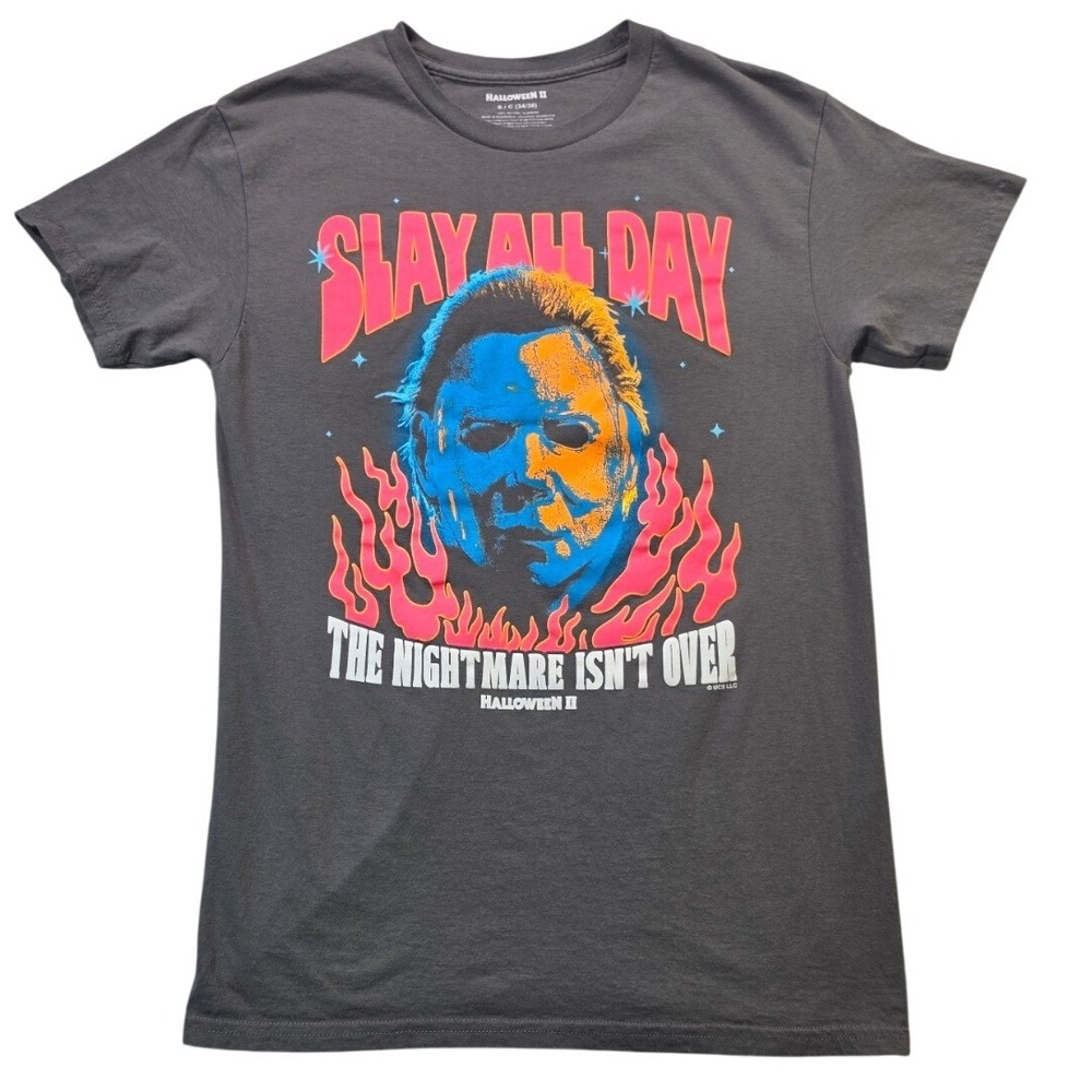 Halloween II Michael Myers "slay all day" Horror Graphic Tee Gray Mens Small